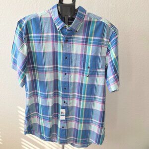 NAUTICA MEN SIZE 1XL  100% COTTON BLUE GREEN AND YELLOW PLAID SHORT SLEEVE SHIRT